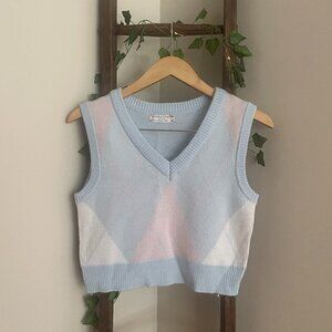 Cropped Knit Argyle Vest – Soft Blue & Pink